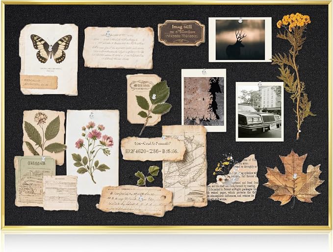 Linen Bulletin Board, 30"x20" Decorative Fabric Pin Board Vision Board | Gold Aluminum Frame, Upgraded Black Canvas Surface, Wall Mounted, for Home Office Bedroom Dorm Wall Decor