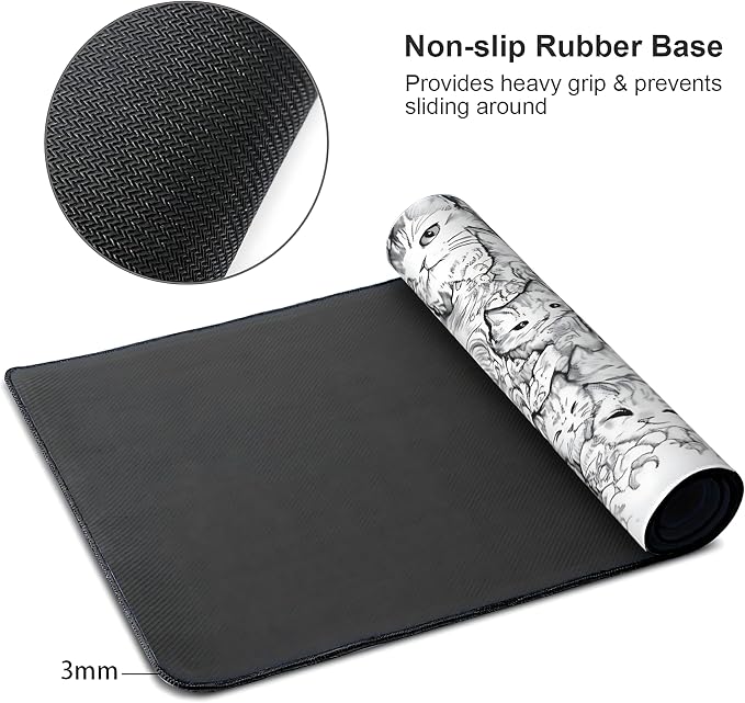 Anime White Cat Gaming Mouse Pad, Black White Sketch Desk Mat with Anti-Slip Base & Stitched Edges,35.4" x 15.7" in Desk Accessories for Women, Home Office Decor & Artistic Gift