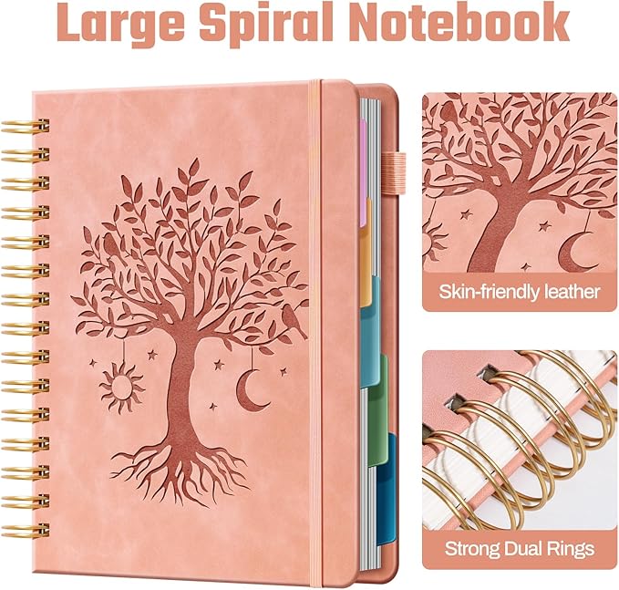 Hardcover Spiral Notebook 6.1" x 8.4" with 5 Removable Dividers 300 Pages Leather 5 Subject Notebook College Ruled 100GSM Large Spiral Notebooks for Work Thick Lined Journal for Women, Pink