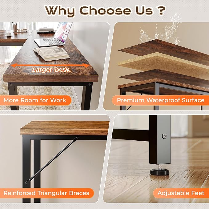 Huuger 55 Inch L Shaped Desk with Power Outlets & 0.95 Inch Thicker Desktop | Reversible Computer Desk, Larger Office Corner Gaming Desk, Metal Frame, for Home Office, Study, Rustic Brown