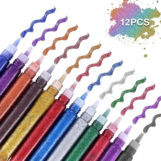 Matio 12 Pack Glitter Glue Stick Set, Non-Toxic Washable Glue Pens 10ml Each Craft Glitter Bulk Gel, Assorted Color Slime Glue for DIY Art Project Painting Scrapbooking Chriatmas Decor Supply