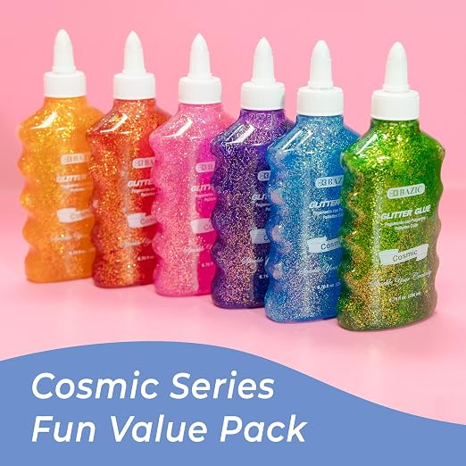 BAZIC Products Cosmic Glitter Glue, 6.76 Fl Oz, 6-Set | Washable, 6.76 Fl Oz bottle of cosmic glitter glue, Glue and glitter in one, Non-toxic, Acid-free, No-run, Bulk pack