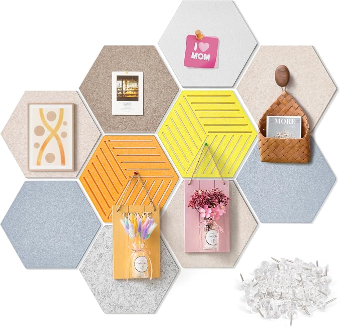 Hexagon Felt Bulletin Cork Board Tiles Peel and Stick, 10 Pack | 1300g/m² Dense Polyester Fiber, Self-adhesive, Frameless, Modern, Modular Wall Decor, 12 x 10 inch, 30 Push Pins