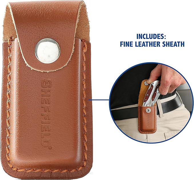 Sheffield 12818 Folding Utility Knife with Leather Sheath, Stocking Stuffers, Gifts for Men, Dad Gifts, Quick-Change Utility Knife Blades, Lightweight Hardwood Handle, Box Cutter, Cardboard Cutter