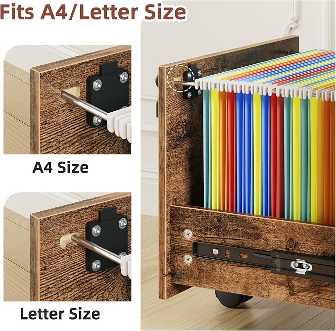 GYIIYUO 2 Wood Drawer Lockable File Cabinet with 22'' Extended Desktop | Mobile Filing Cabinet, Side Bag, Rolling Printer Stand, Fits A4&Letter Size, Home Office, Rustic Brown