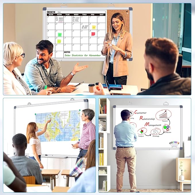 Calendar Whiteboard for Wall, 36" x 24" Double Sided Monthly Dry Erase Board Calendar for Office, Home, School, Hanging Cork Board White Board Combo, Portable Magnetic Dry Erase Planner Board