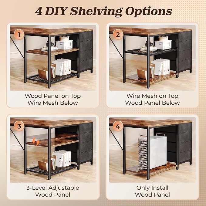 43.3" Small L Shaped Desk with Power Outlets & 4 Drawers | Reversible Computer Desk with 2 Storage Shelves, Corner Office Desk for Gaming Writing Work Study, Rustic Brown