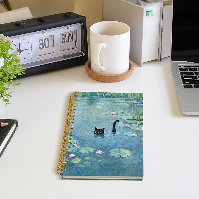 ROXMART Funny Black Cat in Water Lily Pond Spiral Notebook Journal, Cat Lover Mom Lady Gifts for Women, Whimsical Cute Black Kitty Kitten Hardcover Notebook Journal, 5.5x8.3 Inch
