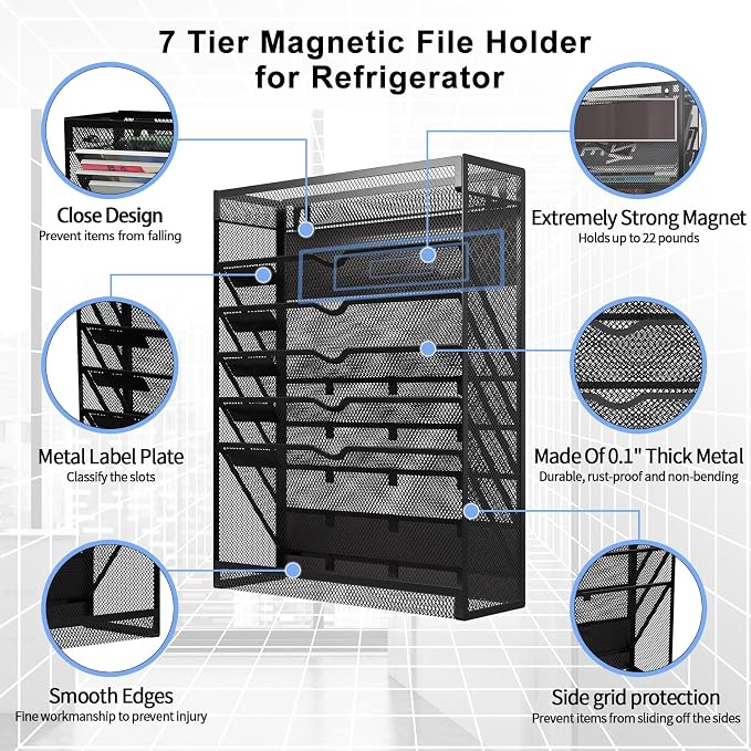 7-Tier Magnetic File Holder, No Drilling Wall File Organizer, Hanging File Organizer, Vertical Holder Rack for File Cabinets, Whiteboard, Refrigerator