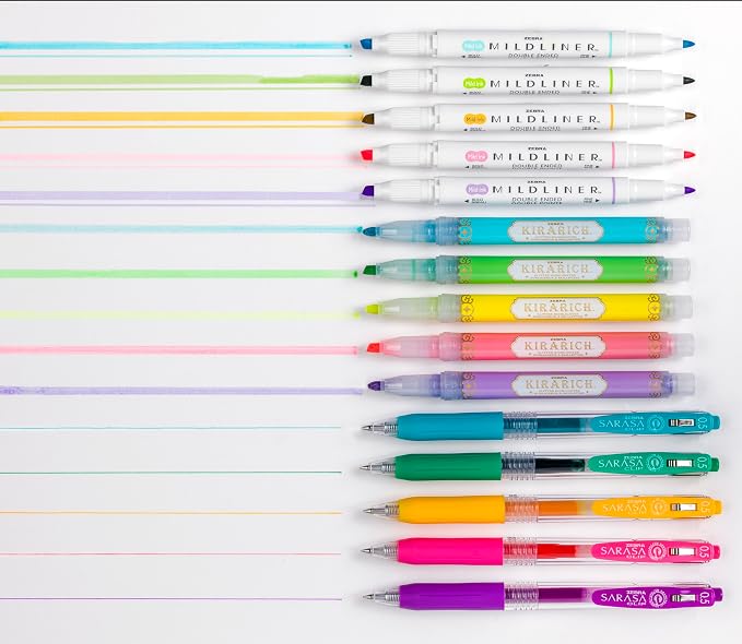 Zebra Pen Highligher Set, MILDLINER, KIRARICH & SARASA Clip, Assorted, 15Pk | Includes 5 MILDLINER Highlighters, 5 KIRARICH Glitter Highlighters & 5 SARASA Clip Gel Pens, Ideal for Journaling (76015)