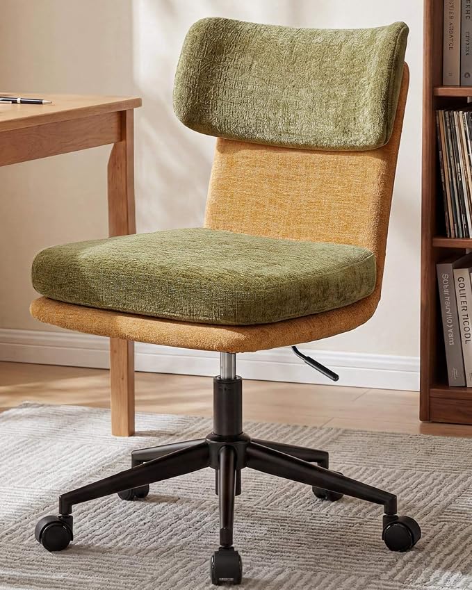 COMHOMA Home Office Desk Chairs with Ergonomic Curved Backrest, Mid Century Modern Vanity Chair with Wheel for Bedroom, Chenille Upholstered, Green