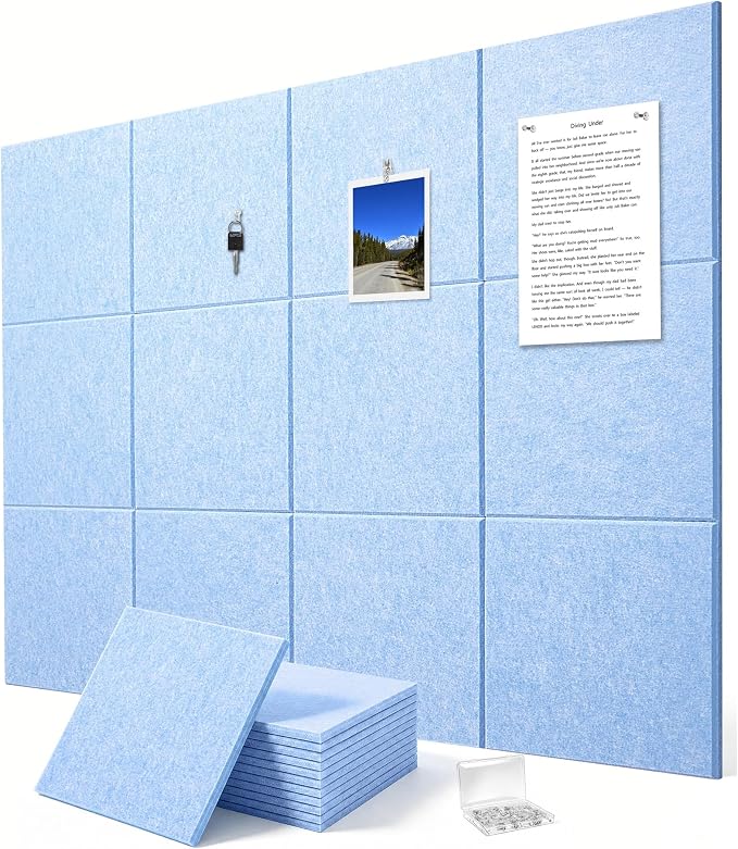 Felt Wall Tiles Bulletin Board Large Cork Board Alternative 12 Pack 11.81”x11.81”x0.47” Felt Pin Board Tack Board with Safe Removable Adhesive Tabs for Home Office School 48x36(Light Blue)
