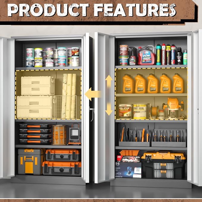 Metal Storage Cabinet, 72” H Storage Cabinet with 2 Doors and 4 Adjustable Shelves for Office, Home, Garage, Pantry (Assembly Required, Black Grey)