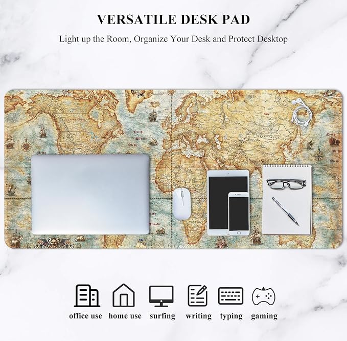 Auhoahsil Large Mouse Pad, XXL Gaming Mousepad, Desk Mat for Desktop, Thick Rubber, Big & Long Size, Stitched Edges, Full Desk Pad for Laptop & Computer, Extended 31.5 x 11.8 in, Vintage World Map
