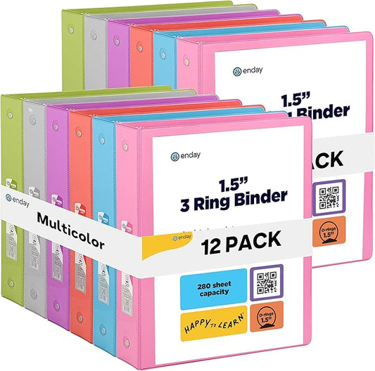 Enday 1.5 Inch Binder (12 Pack - Assorted Colors) 3 Ring Binder 1.5 inch with Clear View Cover and 2 Inside Pocket - for Letter Size 8.5 x 11'' Paper, Ideal for School Supplies, Office, and Home