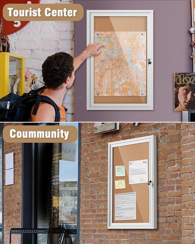Mifuro 36"x24" Enclosed Bulletin Board, Outdoor Lockable Weather-Resistant Aluminum Cork Noticeboard for School & Office, Silver Frame w/Cork