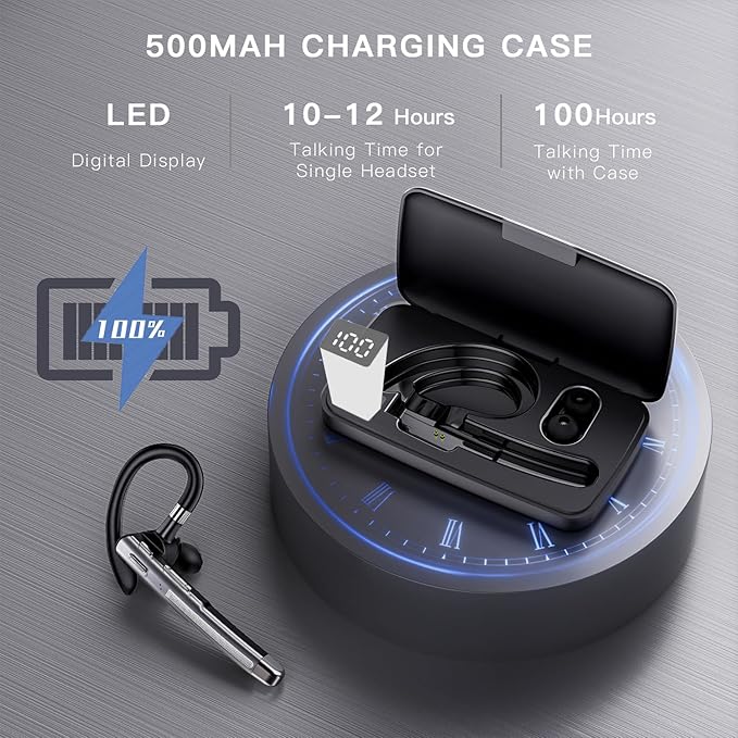 Bluetooth Headset V6.1,100Hrs Talk Time Single-Ear Wireless Earbud,CVC8.0 Noise Cancelling Bluetooth Earpiece,Handsfree Headset with Mic,Driving Headphoone for Trucker, Office, Business