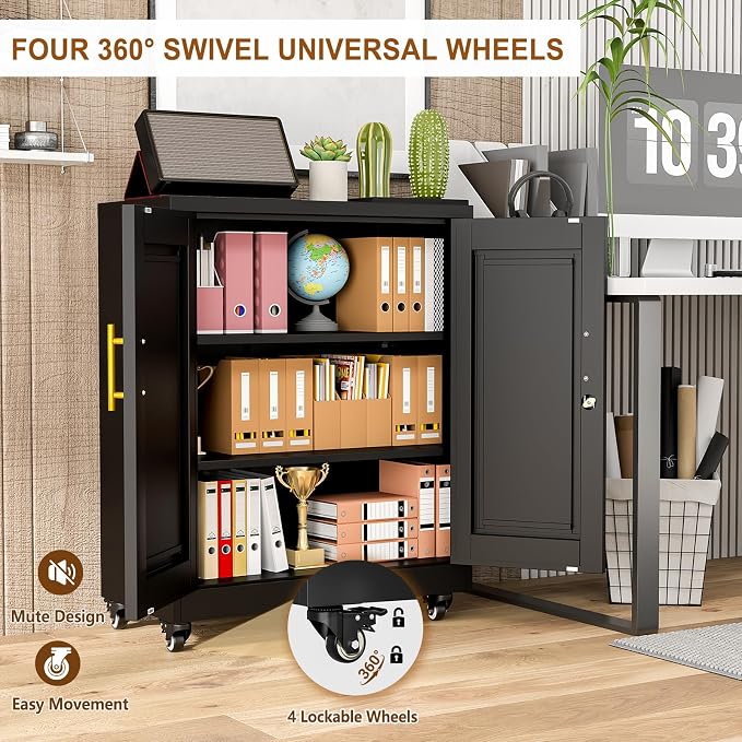 36" Metal File Garage Storage Cabinet with Lock and Wheels,Rolling Steel Locker Organizer,Office File Cabinet with 2 Doors and 2 Adjustable Shelves,Tool Cabinets for Home Office,Gym,School (Black)