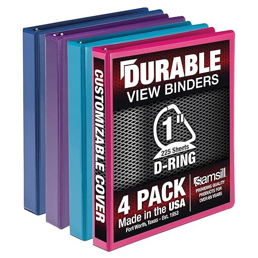 Samsill Durable 1 inch 3 Ring Binder, D Ring Binder, 100% Recycled Chipboard, Fashion Assortment, 4 Pack