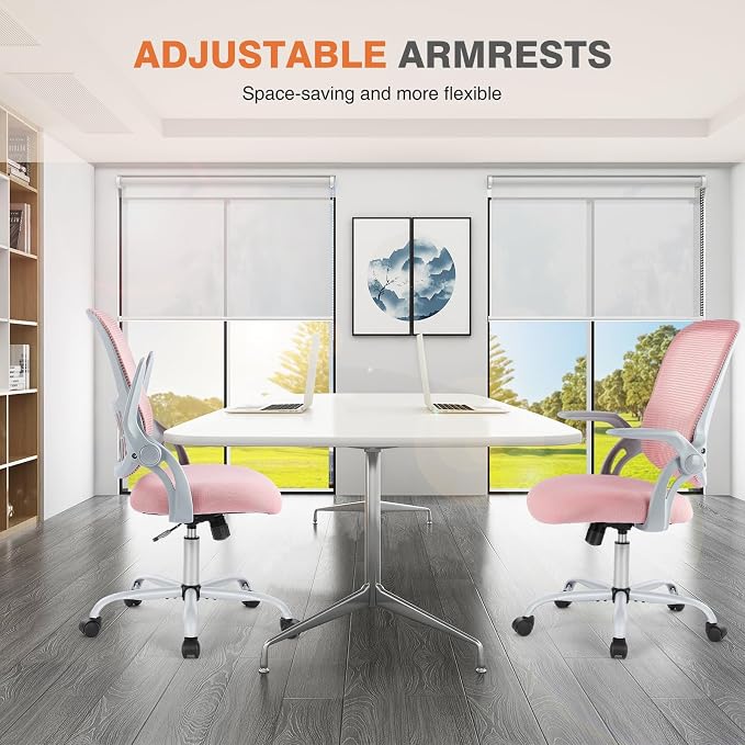 Sweetcrispy Home Office Chair, Mesh Office Chair, Lumbar Support, Pink | Adjustable Height, 360° Swivel Wheels, Mid-Back, Comfy Flip-up Arms for Small Space, Bedroom Study, Managerial Executive