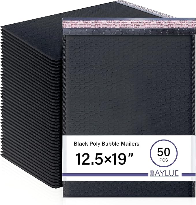 Black 12.5x19.5 Inch Large Poly Bubble Mailers #6 | Self Seal Large Padded Envelopes | Air Cushioned Bubble Mailer | Usable Size 12.5x18 | Waterproof Lightweight Mailing Shipping Bags | 50 Pack Bulk