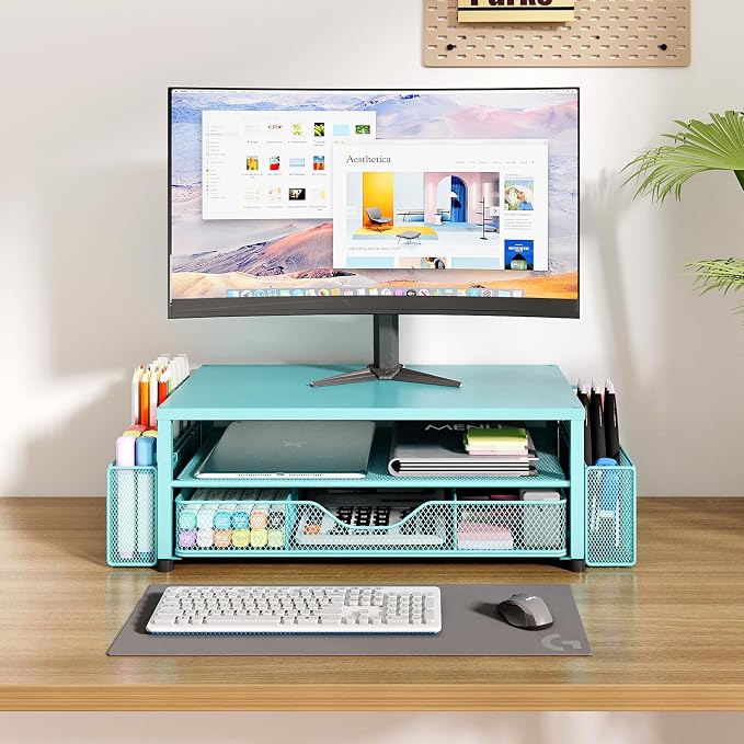 Desk Organizer and Accessories, 2-Tier Computer Monitor Stand Riser with Drawer and 2 Pen Holders, Laptop Stand, Office Desk Accessories for Office Supplies, 1 Pack, Teal Blue