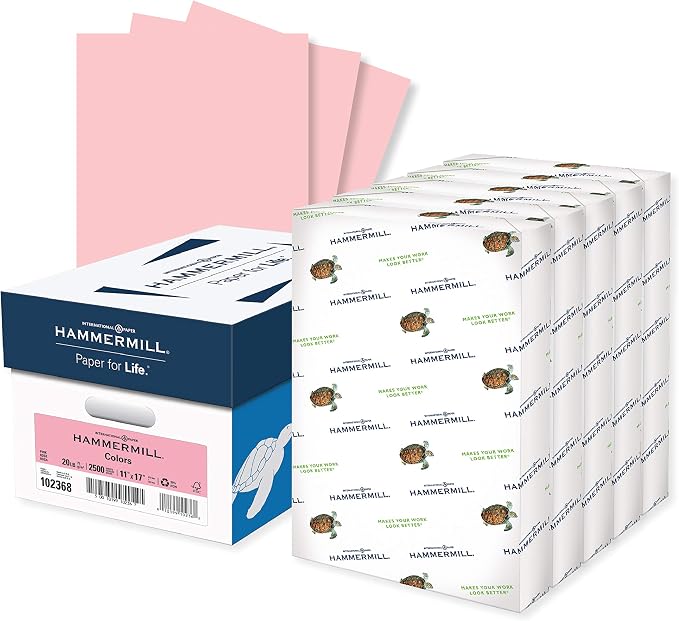 Hammermill Colored Paper, 20 lb Pink Printer Paper, 11 x 17-5 Ream (2,500 Sheets) - Made in the USA, Pastel Paper, 102368C