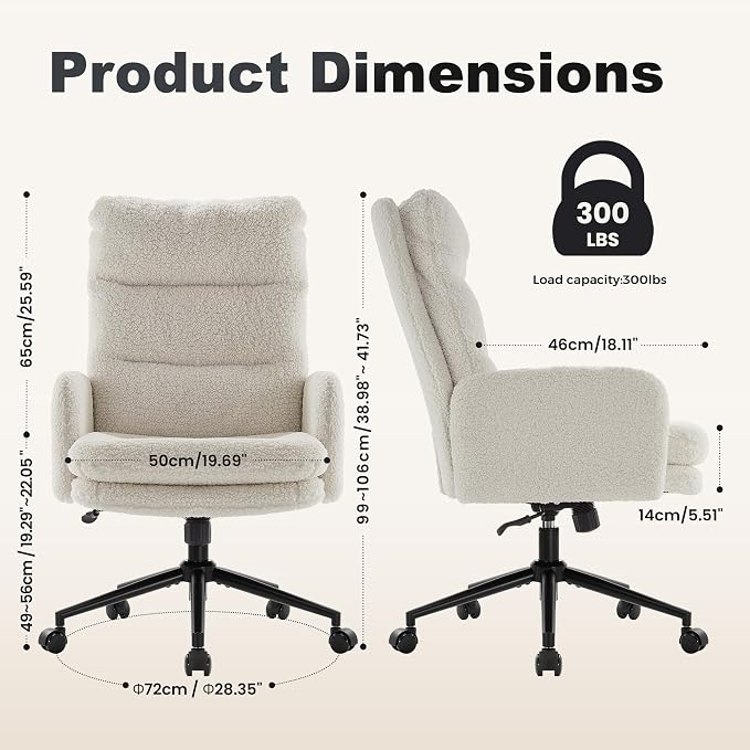 IWMH High Back Home Office Chair,Comfy Desk Chair with Armrests Cashmere | Ergonomic Upholstered Office Desk Chair,Height Adjustable Armchair with Wheels, 360° Swivel Desk Chair (White)