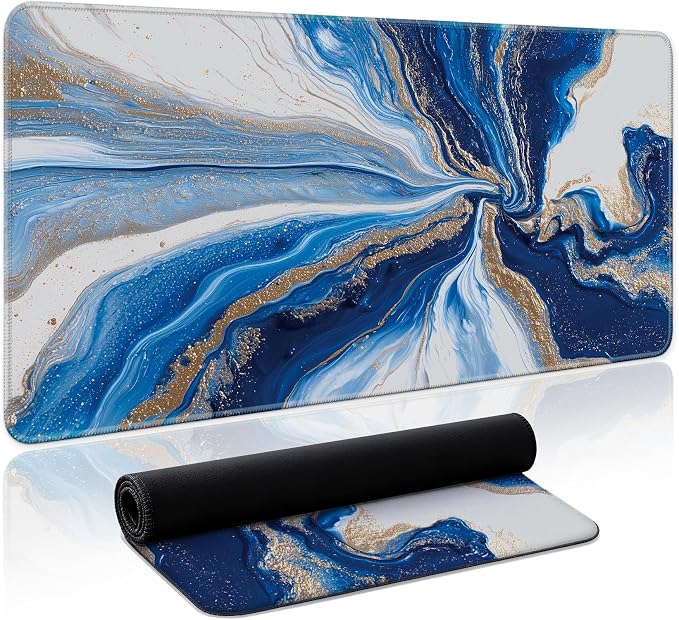 Aesthetic Desk Mat, Cute Ocean Marble Desk Pad Protector for Work & Decor, 35.4" x 15.7", Pretty Non-Slip Extended Mouse Pad for Office or Home