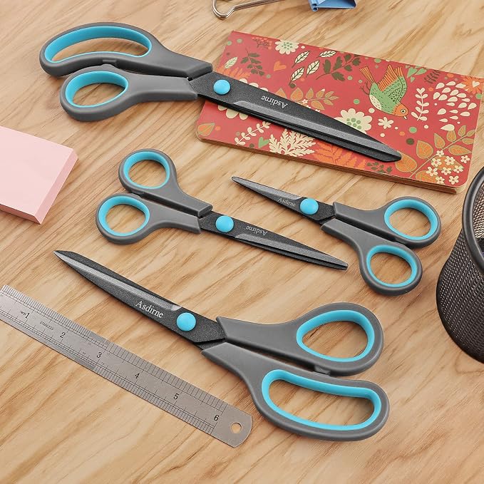 Asdirne Scissors, Teflon Coating All Purpose Scissors, Non-Stick Stainless Steel Blades, Ergonomic Semi-Soft Rubber Grip, Great for Craft, Office, School, Set of 4, 10"/8.5"/6"/5", Blue&Gray