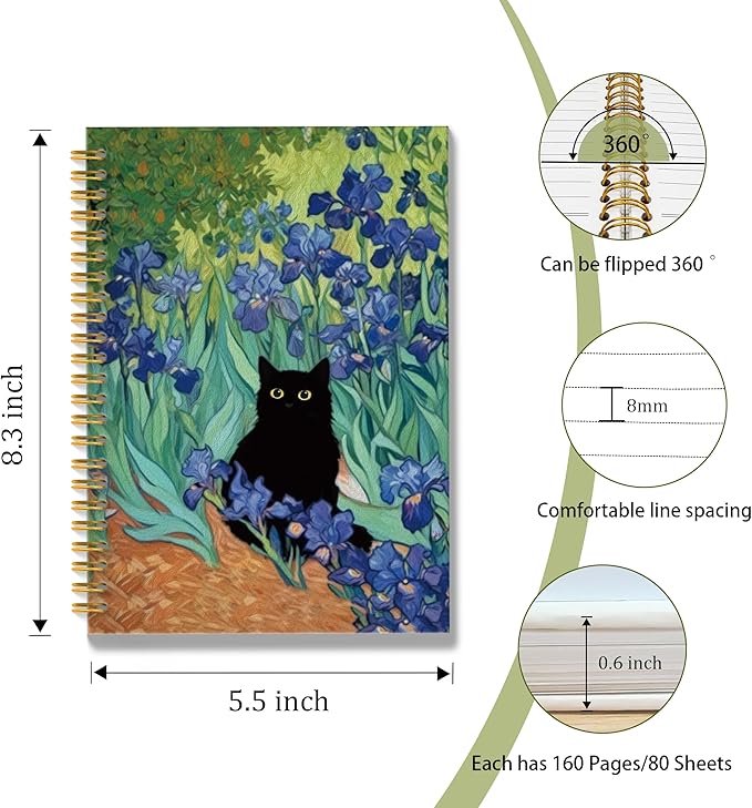 ROXMART Irises Floral Black Cat Spiral Notebook, Black Cat Gifts Journal, Cats Lover Gifts for Women, Abstract Flower Field Kitty Kitten Hardcover Notebook Journal, 5.5x8.3 Inch