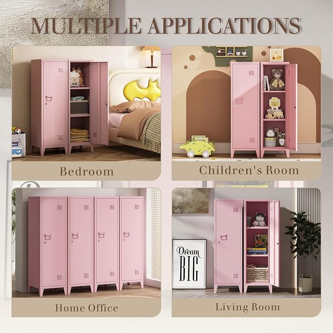 Locker Cabinet, 50" Pink Small Metal Locker Storage Cabinet for Employees with Locking Door and 2 Shelves Kids Locker Tool File Cabinets for Bedroom, Home Office, Garage, Bathroom