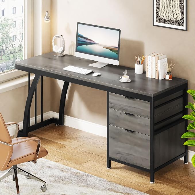 Tribesigns Computer Desk with 3 Drawers, 59-Inch PC Desk with Reversible Drawers, Industrial Study Writing Table Workstation with File Storage for Home Office (Grey)