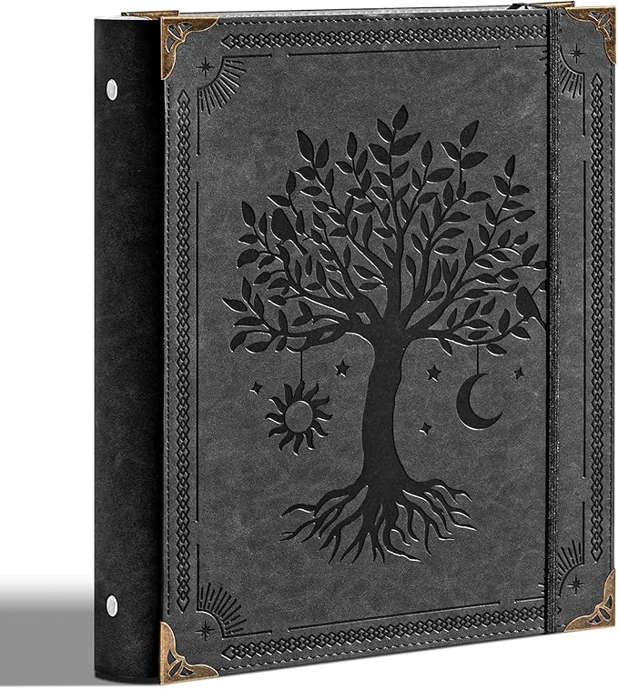 PU Leather 3 Ring Binder 1 Inch Round Ring Binder Holds 200 Sheets 8.5"x11" Letter Size Paper, Wedding Family History Notebook Cover Loose Leaf Organizer, Black Tree
