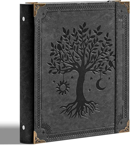 PU Leather 3 Ring Binder 1 Inch Round Ring Binder Holds 200 Sheets 8.5"x11" Letter Size Paper, Wedding Family History Notebook Cover Loose Leaf Organizer, Black Tree