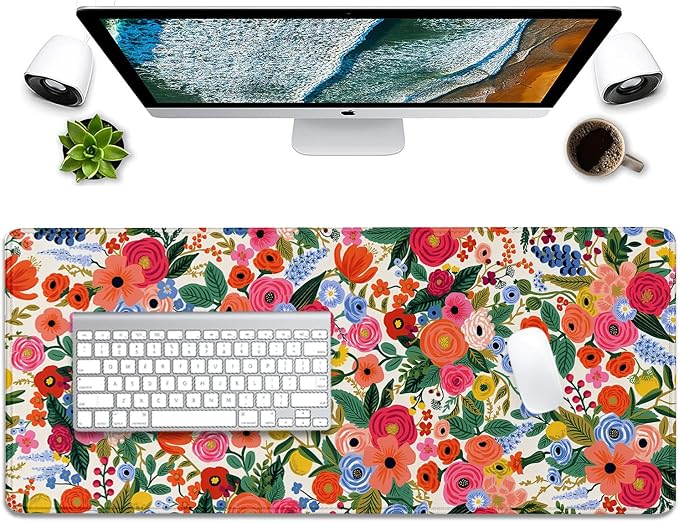 Garden Party Extended Desk Pad Flowers Mouse Pad,Gaming Desk Pad with Stitched Edges Non-Slip Rubber Base Extended XL Mousepad Big Desk Mat for Office Home Work(27.5X11.8 Inch)