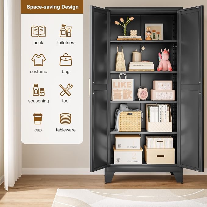 QINPTWUT 71" Metal Storage Cabinet with Doors and Shelves, Tall Pantry Cabinet in Black with 2 Doors & 4 Adjustable Shelves, All-Steel Farmhouse Cupboard for Kitchen, Living Room,Home Office,Garage