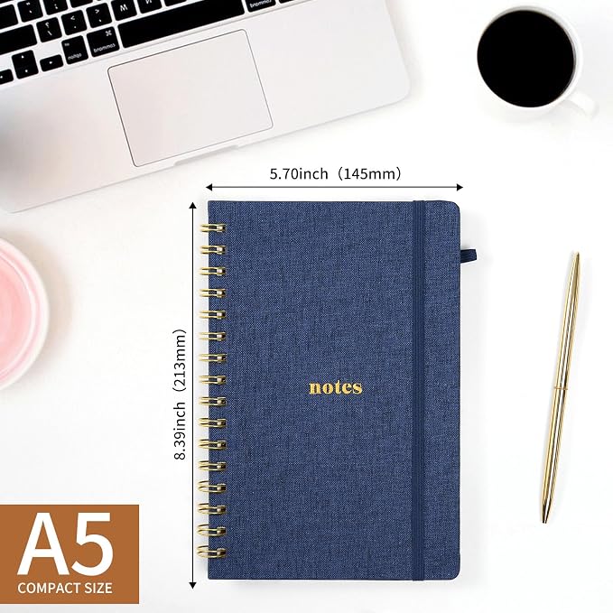 A5 Spiral Notebook, Fabric Hardcover College Ruled Journal | 100GSM Paper 160 Lined Pages, 5.7"x8.39" Steno Pads with Elastic Band & Pen Loop, for Work, School Note Taking (Dark Blue)