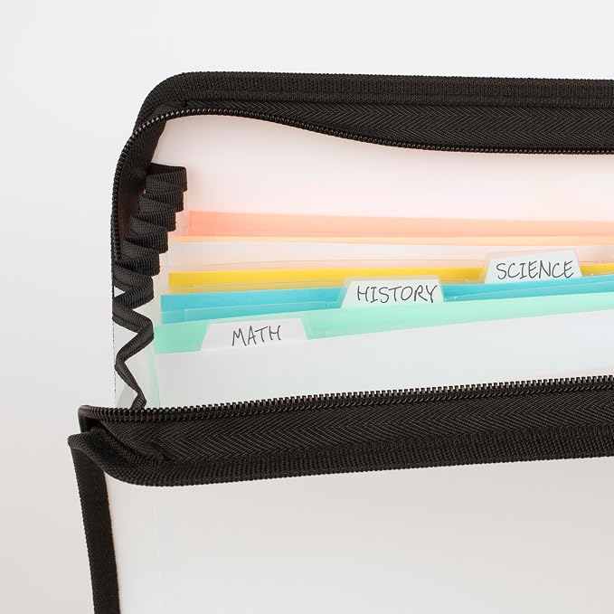 Five Star Expanding File Organizer + Study App, 7-Pocket Accordian File Organizer, Zipper Closure, Holds 8-1/2" x 11" Paper, White (350099E-ECM) (Pack of 6)