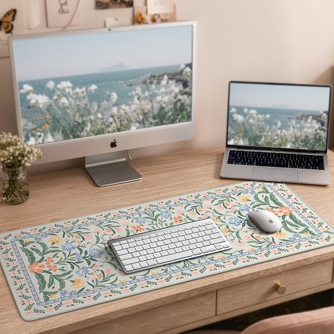 iCasso Aesthetic Desk Mat,31.5x11.8 Mouse Pads,Green Floral | Anti-Slip Mousepad with Stitched Edges, Waterproof Computer Pad, Green Desk Accessories Office Decor for Women