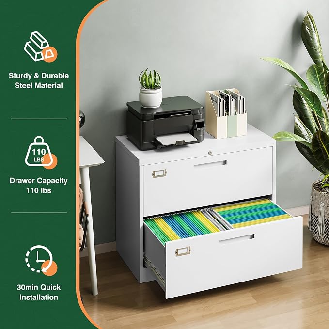 2 Drawer Metal Filing Organization Office Cabinets with Lock,Lateral File Cabinets for Home Office Hanging Files Letter/Legal/F4/A4 Size (2 Drawer-White)