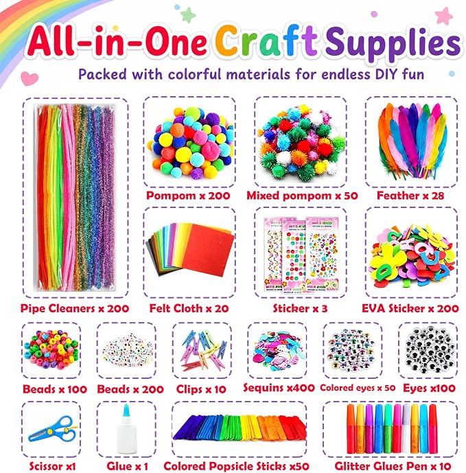 FUNZBO Arts and Crafts Supplies for Kids -Toddlers Craft Kit | with Glitter Glue Stick, Pipe Cleaners, Popsicle Sticks, Pompoms & Stickers, Homeschool Supplies Toys Crafts for Girls age 4+