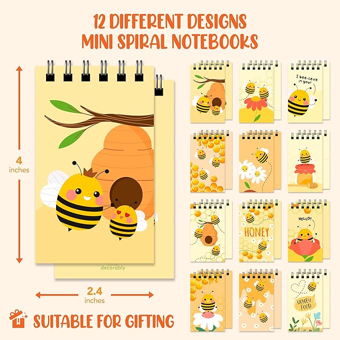 Decorably 24 Pack Spiral Bumble Bee Party Favors for Kids - 12 Colorful Designs 2.4x4in Mini Notepads, Spring-Bound with 20 Sheets - Gifts for Birthday, Baby Shower, Children's Party, School