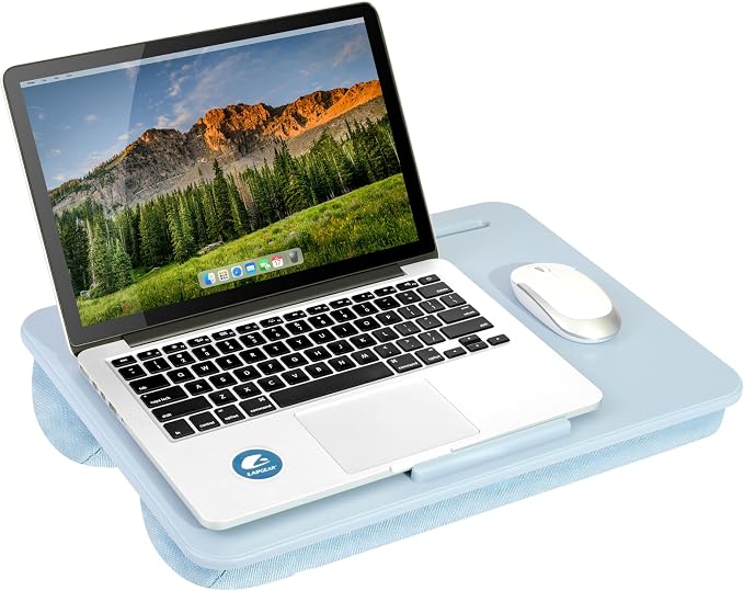 LAPGEAR The Original Lap Desk – Sky Blue, Fits 17" Laptops | Microbead Cushion, Device Ledge, Built-In Pencil Tray, Carry Handle