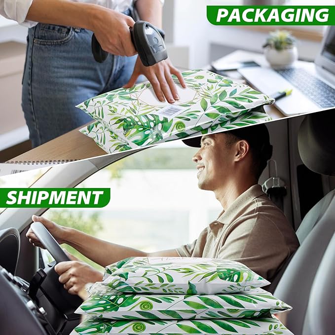Oududianzi Poly Mailers 10x13, 100 Pack Thank You Shipping Bags, Mailing bags, Mailers Poly Bags for shipping, Shipping Envelopes, Packaging Bags for Shipping - Green leaf