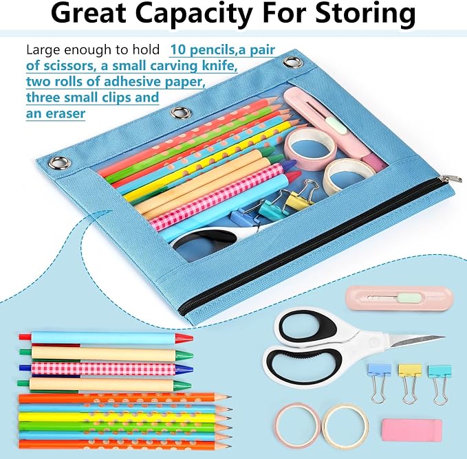 Forvencer 3 Ring Binder Pencil Pouch - Clear Window Pencil Case with Binder | Smooth Zipper, Big Capacity Pencil Bag with 3 Reinforced Grommets, Orange