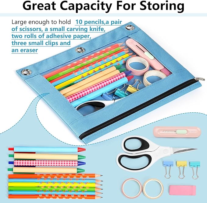 Forvencer Pencil Pouch for 3 Ring Binder, Binder Pencil Case with Binder | Smooth Zipper Pencil Bag, Clear Window Pencil Case for Binder, Big Capacity 3 Ring Binder with 3 Reinforced Grommets, Pink