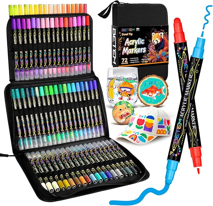 Betem Acrylic Paint Markers Pens, Dual Tip 72 Colors Fabric Decorating Kits Paint Pens Acrylic Markers for Wood, Fabric, Canvas, Stone, Rock Painting, Glass, Ceramic Surfaces, Art Supplies with Bag