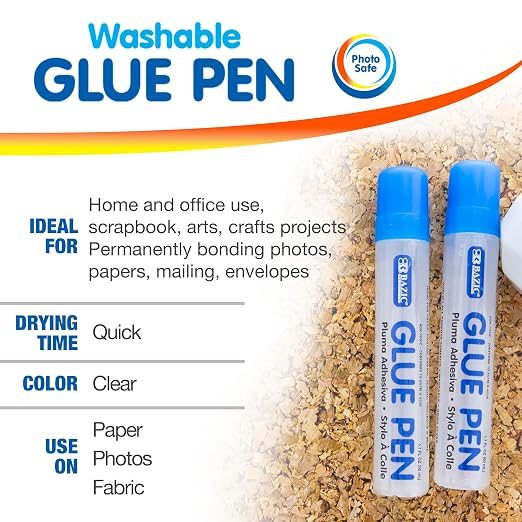 BAZIC Products Clear Glue Pen, 1.7 Fl Oz, Acid-Free, 2 Count, 24-Box | Washable, Clear liquid glue pens, 1.7 fl oz (50 mL) each, Photo-safe, Non-toxic, Dries clear, Precision tip, Bulk pack