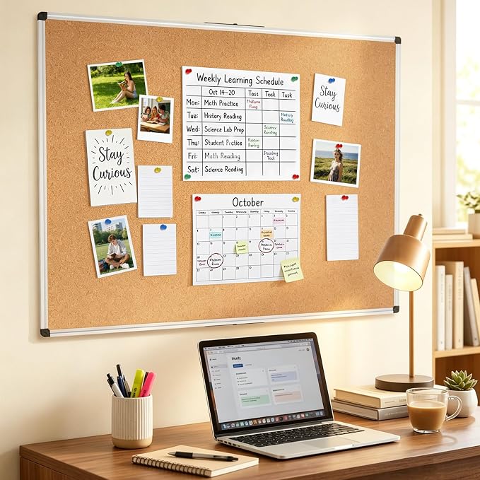 Cork Board 48 X 36, Foldable Bulletin Board with Silver Aluminium Frame,Large Cork Boards for Walls, Cork Bulletin Board for School, Home & Office